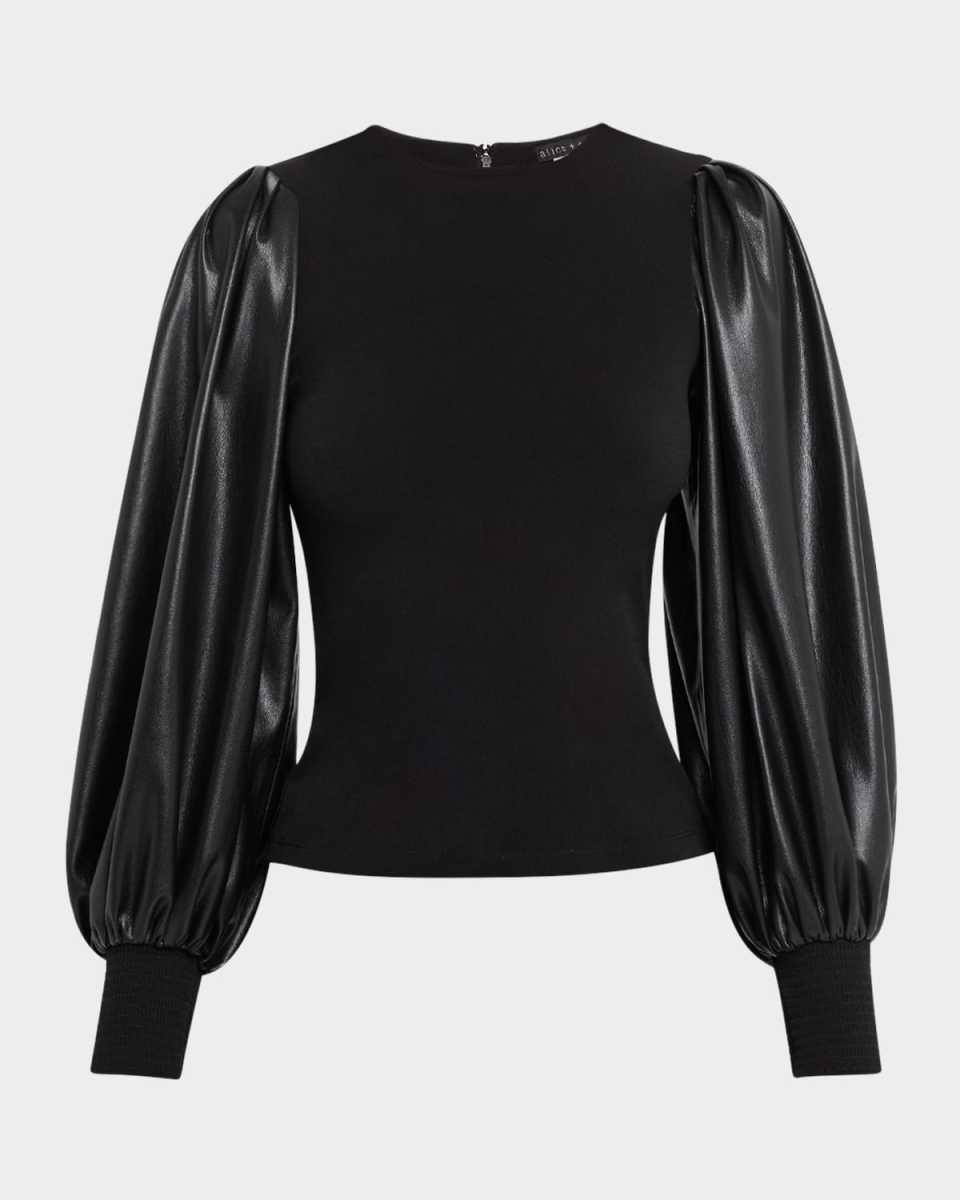 Latoria Crewneck Top with Vegan Leather Sleeves